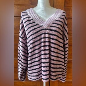 Free People Striped Pink and Navy Blue V-Neck Sweater